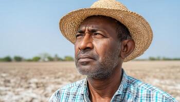 Weathered Indian Farmer in Straw Hat Agricultural Field Portrait with Background Copyspace photo
