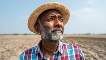 Weathered Indian Farmer in Straw Hat Farm Background with Copyspace Natural Environment Close-up View photo