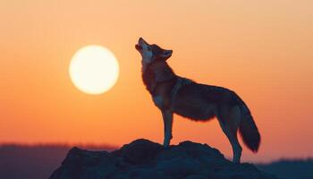 Howling Wolf at Dusk on Rocky Outcrop Nature Background with Copyspace photo