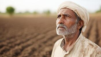 Weathered Indian Farmer Gazing at Fields Rural Landscape Portrait with Background and Copyspace photo