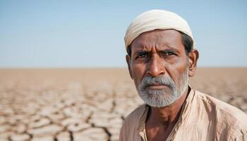 Indian Farmer in Tattered Kurta Parched Landscape Portrait with Background and Copyspace photo