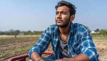 Farming Scene India Photo of Young Farmer on Tractor Clear Background Copyspace