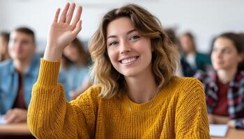 Student Raising Hand in Classroom Background with Copyspace for Educational Content photo