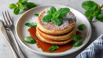 Delicious Pancake Stack with Mint Leaves Kitchen Table Food Photography Bright Background Copyspace photo