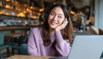 Young Woman Smiling in Cafe Relaxing Atmosphere Laptop Background with Copyspace photo