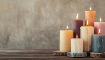 Artistic Still Life of Assorted Candles Neutral Background Copyspace Calm Atmosphere photo