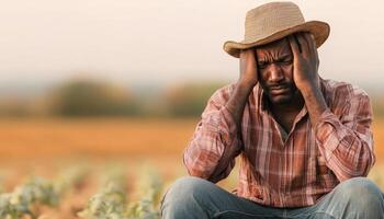Distressed Farmer in Field Emotional Portrait Natural Background Copyspace for Reflection photo