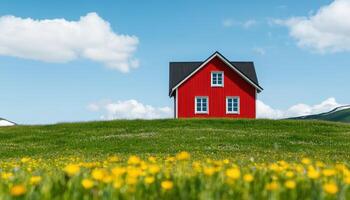 Scenic View of a Vibrant Red House on Green Hill with Blue Sky Background and Copyspace photo