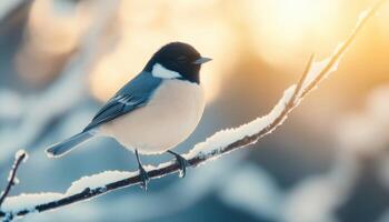 Solitary Bird on Snowy Branch in Winter Sunset Nature Background with Copyspace photo