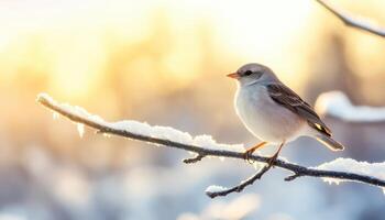 Solitary Bird on Snowy Tree Branch Winter Landscape Nature Photography Soft Background Copyspace photo