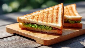 Delicious Grilled Sandwich on Wooden Board Outdoor Background Copyspace for Text photo
