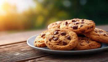 Freshly Baked Chocolate Chip Cookies Outdoor Setting Food Photography Soft Focus Background Copyspace photo