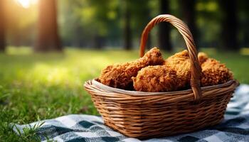 Outdoor Picnic Scene Delicious Fried Chicken Basket on Grass Natural Background Copyspace photo