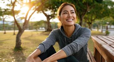 Smiling Woman Enjoying Nature in a Park Outdoor Background Copyspace Available photo