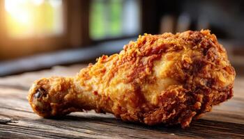 Fried Chicken Drumstick on Rustic Table Cozy Kitchen Background Copyspace Available photo