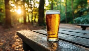 Refreshing Beer in a Forest Setting Nature Background Copyspace for Relaxation Concept photo