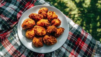 Delicious Fried Chicken Picnic Outdoors Food Photography Natural Background Copyspace photo