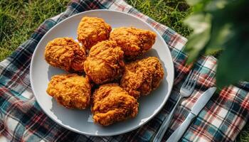 Delicious Fried Chicken Feast Outdoor Picnic Food Photography Natural Background Copyspace photo