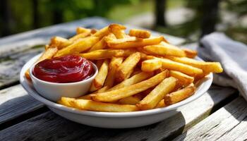 Delicious French Fries with Ketchup on Wooden Table Natural Background Copyspace for Text photo