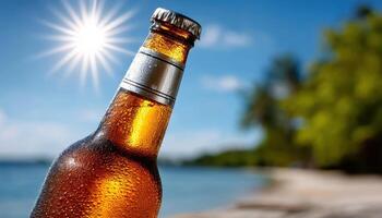 Refreshing Beer Bottle Against Tropical Beach Background with Copyspace for Ads photo