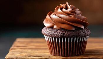 Delicious Chocolate Cupcake on Wooden Board Food Photography Dark Background Copyspace photo