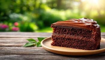 Delicious Chocolate Cake Slice Outdoor Garden Food Photography Nature Background Copyspace photo