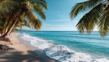Tranquil Beach Scene with Palm Trees Tropical Shoreline Nature Background Copyspace photo