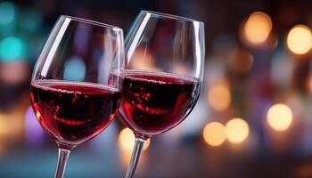 Celebratory Toast with Red Wine Glasses Elegant Bar Background Copyspace for Text photo