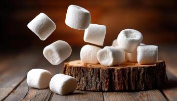 Floating Marshmallows on a Rustic Wooden Platform Artistic Food Photography Background Copyspace photo