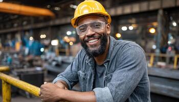 Smiling Worker in Hard Hat Factory Background Portrait Image Industrial Environment Friendly Concept with Copyspace photo