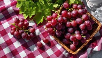 Fresh Red Grapes on Checkered Tablecloth Outdoor Setting Copyspace Background for Delicious Recipes photo