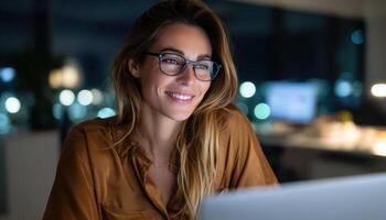 Professional Woman Working Late at Office with Computer Nighttime Background Copyspace photo