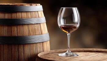 Elegant Wine Glass on Barrel Cozy Setting Copyspace Background for Wine Lovers photo