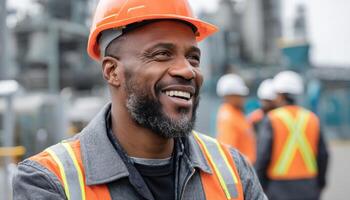 Construction Worker Smiling at Job Site Industrial Background Copyspace for Text photo