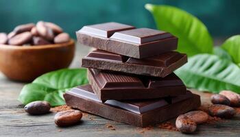 Decadent Dark Chocolate Stacks on Wooden Table Natural Background Copyspace Culinary Delight photo