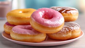 Delicious Assortment of Donuts on a Plate Bright Background Food Photography Copyspace photo