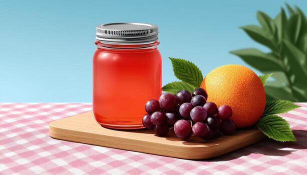 Refreshing Grape and Orange Juice Jar on Picnic Table with Copyspace Bright Background photo