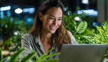 Smiling Woman Working on Laptop Surrounded by Plants Indoor Workspace Background with Copyspace photo