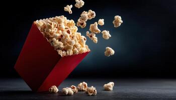 Popcorn Flying from Red Box Cinematic Background Food Photography Dark Environment Creative Copyspace photo