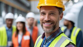 Construction Safety Event Featuring Workers in Hard Hats with Copyspace Background photo