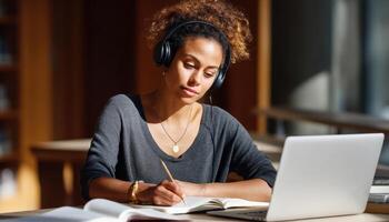 Studying in a Cozy Library Setting Woman with Headphones Content Type Background and Copyspace photo