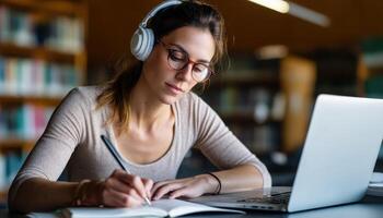Studying in a Library Young Woman Notebook and Laptop Quiet Background Copyspace for Text photo