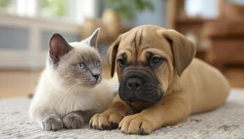 Adorable Puppy and Kitten Together Cozy Living Room Animal Photography Soft Background Copyspace photo