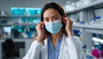 Laboratory Scientist in Protective Mask Research Facility Portrait Image Professional Background Copyspace photo