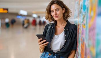 Traveler Woman Using Smartphone in Airport Background with Copyspace for Text Bright Indoor Environment photo