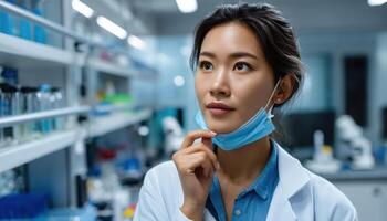 Medical Research Lab Scene Scientist in White Coat Laboratory Background Copyspace for Text photo