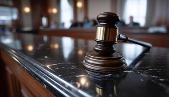 Courtroom Action Gavel on Table Legal Proceedings Background Copyspace Professional Setting photo