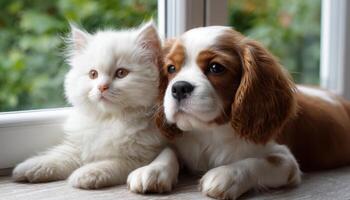 Adorable Pets Relaxing Together Home Window Photo Cozy Environment Background Copyspace
