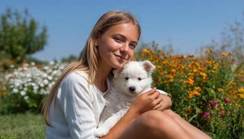 Girl with Puppy in Flower Field Outdoor Setting Bright Background Copyspace for Text photo