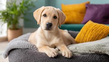 Playful Puppy in Cozy Living Room with Background Copyspace for Pet Lovers photo